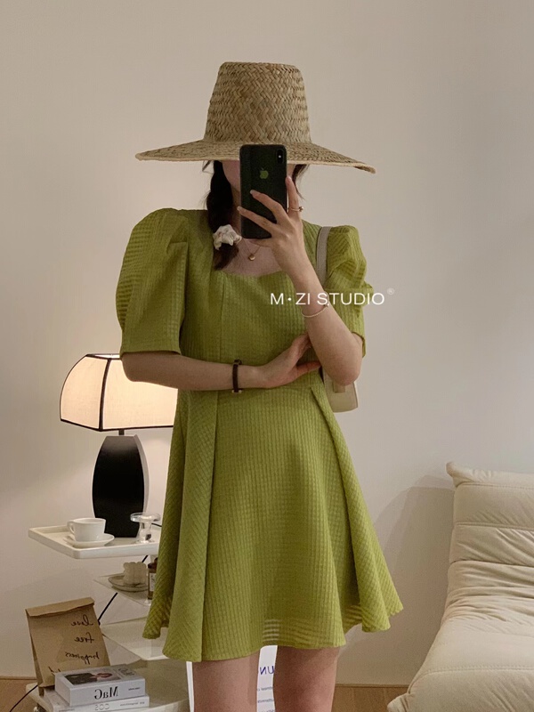 [m.zi studio] square neck simple bubble sleeve dress 6998\hbx