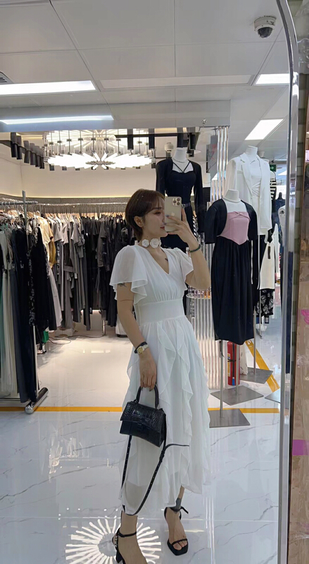 [semi plain] V-neck Korean slim dress v382\zjy