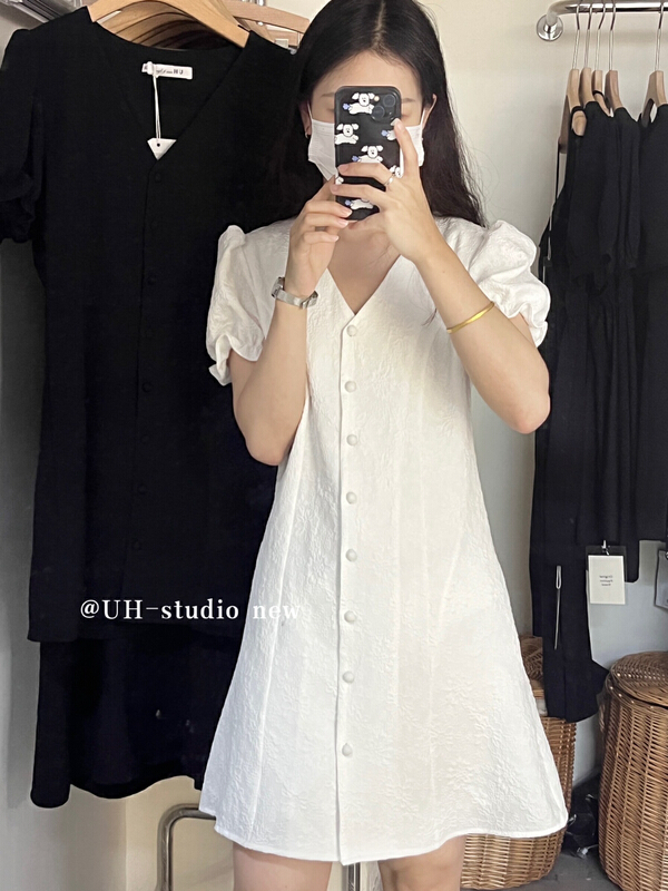 [uh] commuting simple fashion jacquard V-neck dress 7809\hjy