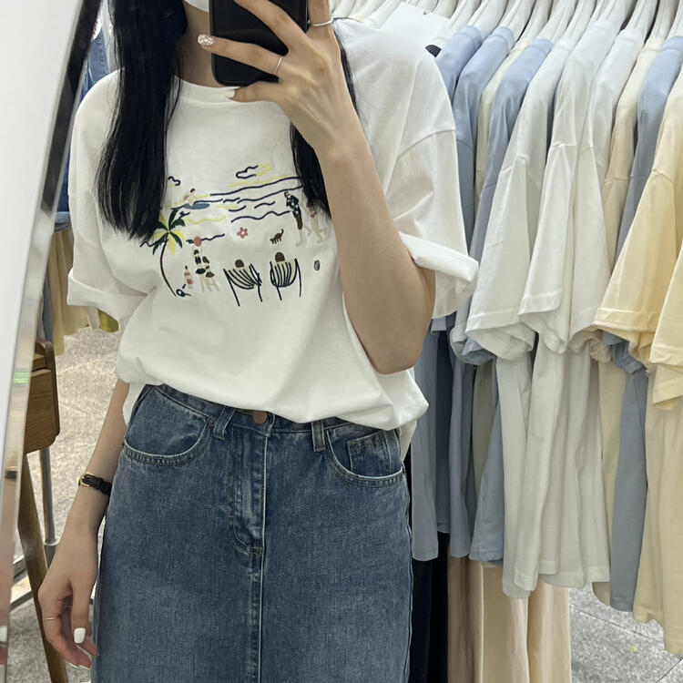 [Li Bai] round neck Abstract embroidery design Short Sleeve T-shirt 2829\ll