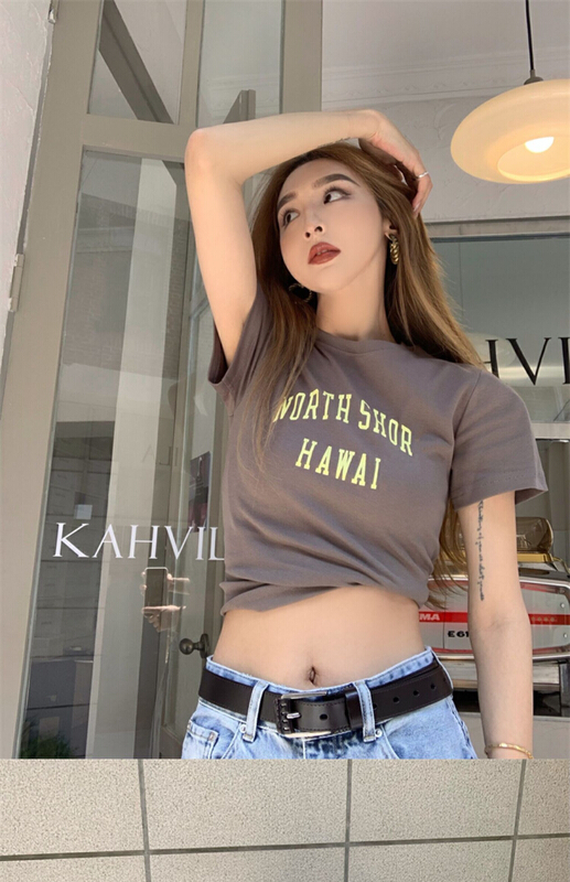 [wgwe] American slim letter printed elastic slim short sleeve T-shirt 1802\pcz