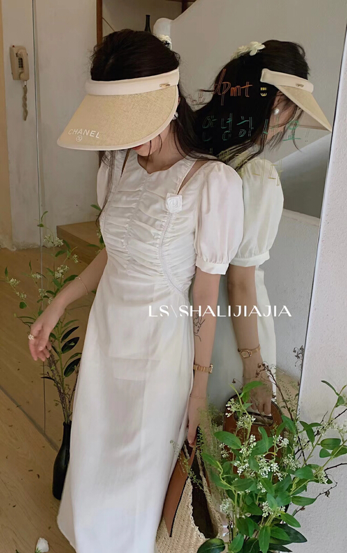 【 LS 】 bubble sleeve off shoulder fashion dress (with detachable corsage) 8369\jhy
