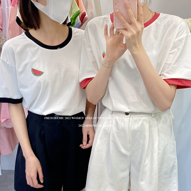 [teem ing] ins color contrast funny fruit short sleeve T-shirt 22t312\hjy