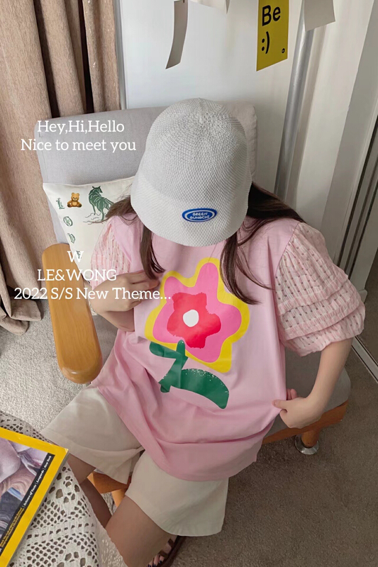 [le&wong] Girls' flower print short sleeve T-shirt short sleeve top 9825