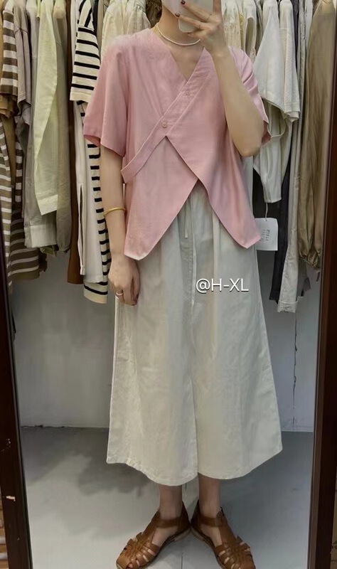 [h-xl] V-neck diagonal button comfortable Korean shirt 3637\ll