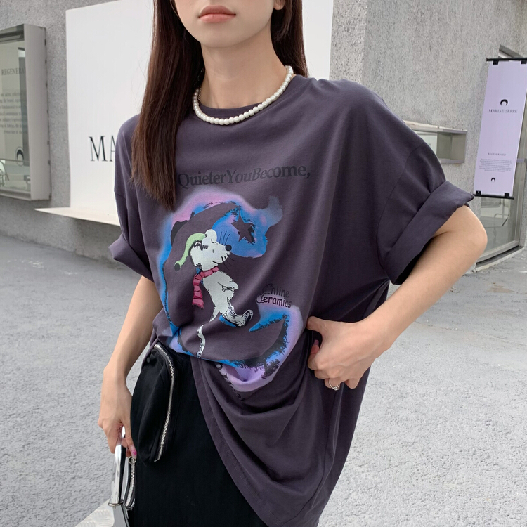 [rainbow] lettered printed lazy retro short sleeve T-shirt 08179\wtt