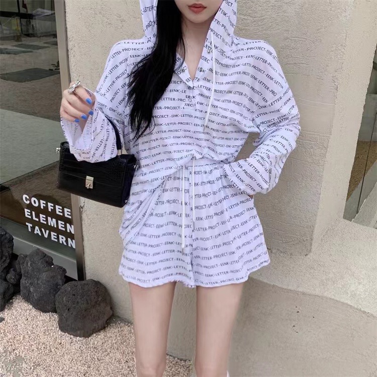 [top] hooded loose long sleeve sunscreen shirt + casual shorts letter print suit 9055\zjy