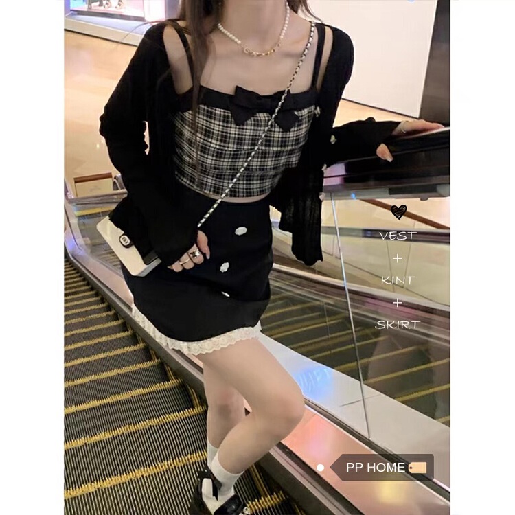 [f · P] small fresh bow contrast checked vest / suspender (with Brooch) 11308-1\hbx