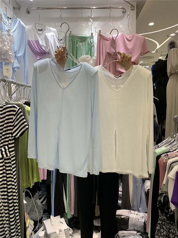 [toko.z] simple solid color slit loose V-neck shoulder pad sunscreen shirt 22188\zxl