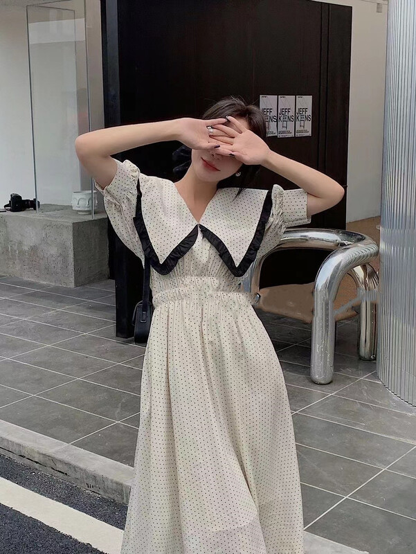 [Sumi] large lapel Polka Dot fungus edge dress 22670\zjy