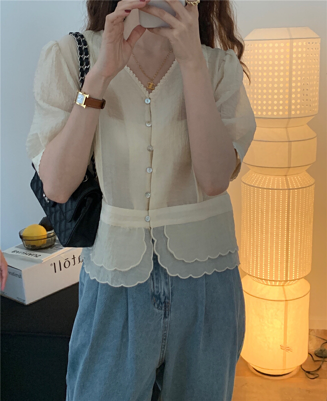 [h2-studio] simple V-neck button up shirt a695\hbx