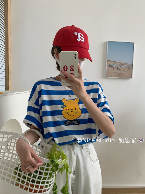 [naisijia] Korean fashion stripe contrast color bear short sleeve T-shirt ys1-9952\zjy
