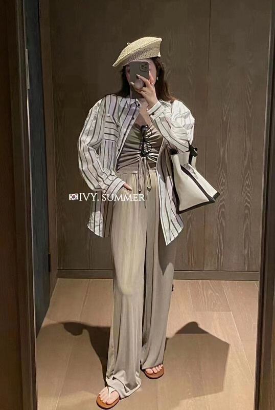 [Anan] fashionable vertical stripe long sleeve shirt + drawstring Vest + slim casual pants set 2161\wtt