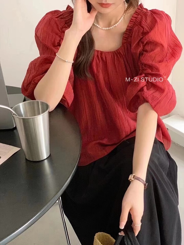 [m.zi studio] square neck Style Bubble Sleeve Shirt 5835\hbx