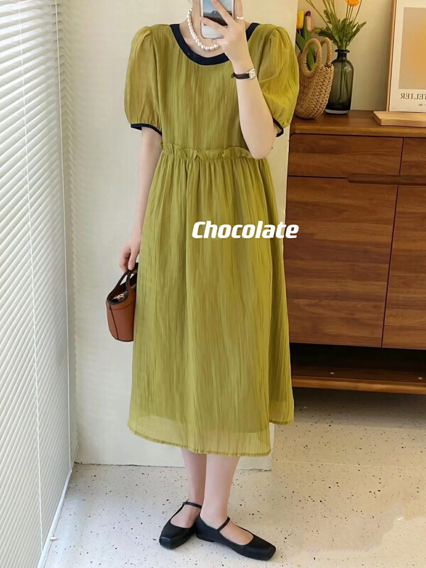 [chocolate] Korean round neck back lace up dress 28103\ll
