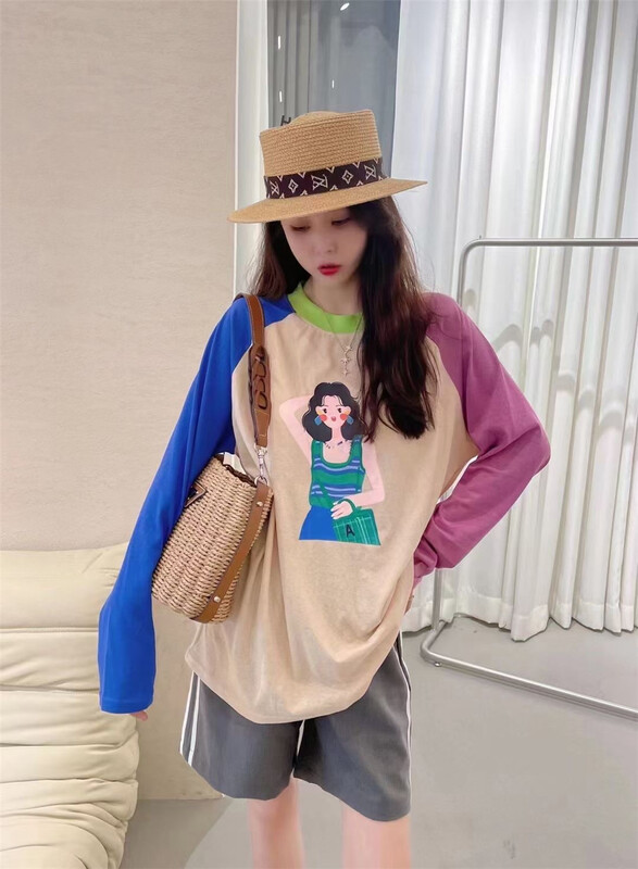 [new time /l&y home] contrast round neck printed loose long sleeve T-shirt 3131\xyy