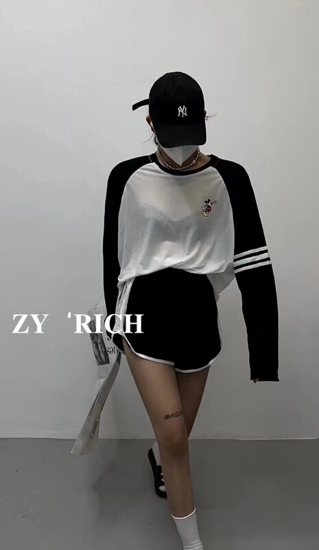 [ZY] round neck color blocked long sleeve T-shirt + comfortable elastic waist casual Shorts Set ys1-509\wtt