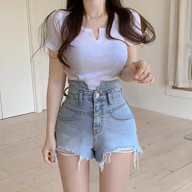 [x2 Vance feather] high waist slim versatile denim shorts 6133\wtt