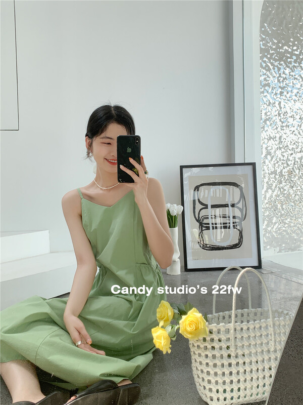 [candy] small fresh solid color lazy wind loose long suspender dress ys1-9087\zjy
