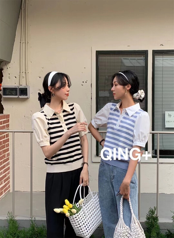 Original price 58.65! In early summer! [Qingqing family] Korean stripe color matching shirt 5278\xyy