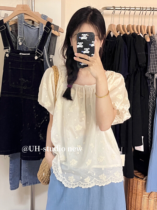 [uh] French heavy industry exquisite embroidery lace square neck thin baby shirt 7831\hjy