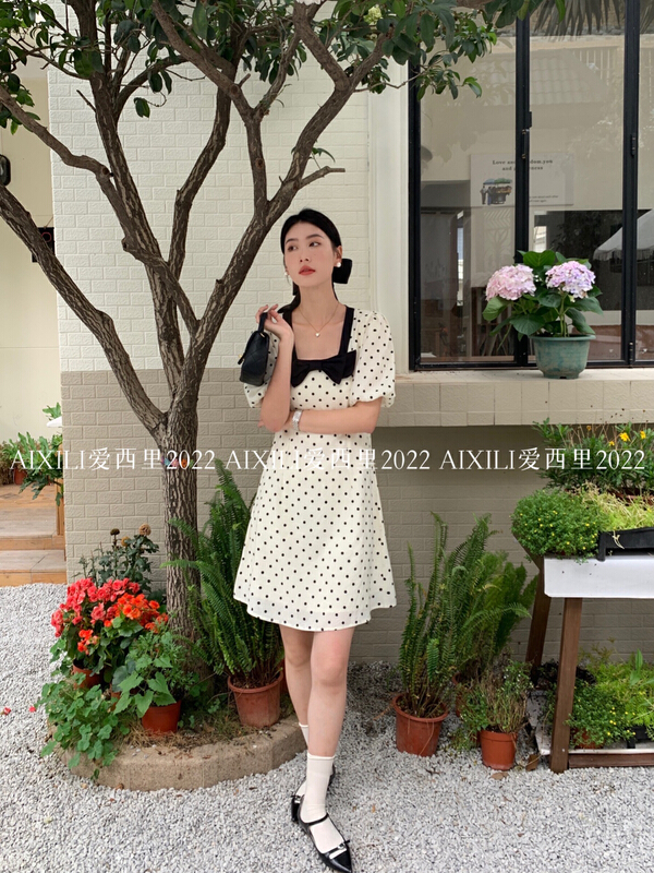 [aixili aixili] square neck bowknot polka dot dress 6598\wpl