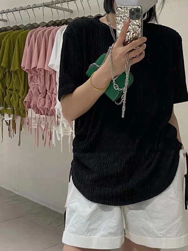 [Qixi] pleated solid color drawstring short sleeve T-shirt 8939\xyy