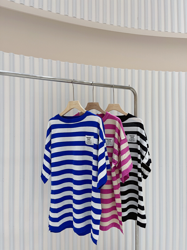 [huole] fashion loose stripe bubble sleeve short sleeve T-shirt 7770\wtt