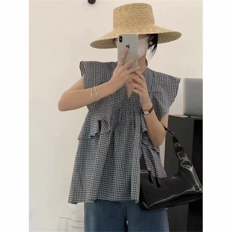 [after 18] Korean V-neck fresh check Ruffle shirt 551\zjy