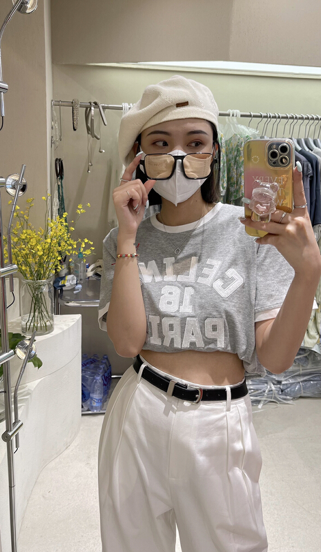 [attitude] contrast collar simple letter embroidered short sleeve T-shirt aq4500