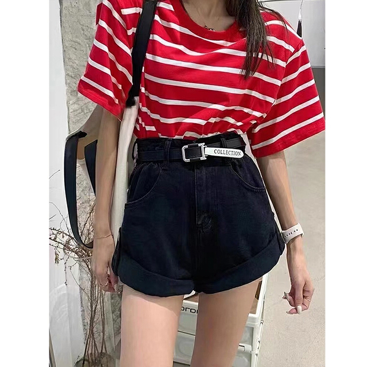 [c.h.z] simple casual slim black denim shorts (with belt) a6567\wtt