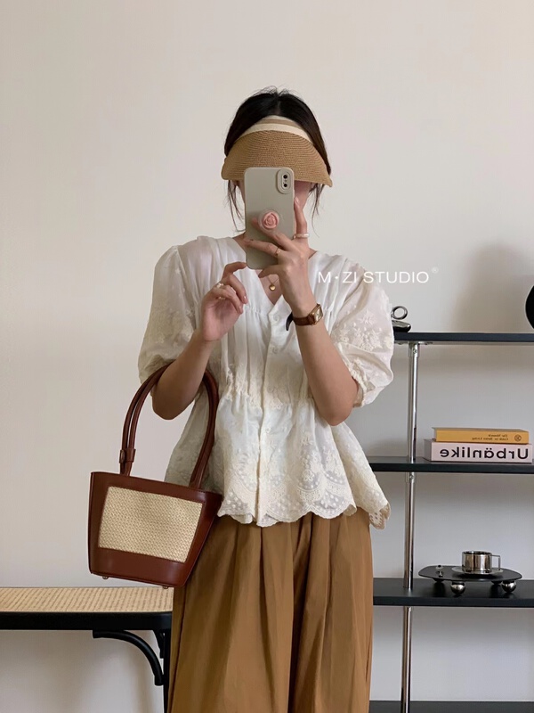 [m.zi studio] V-neck embroidery single breasted shirt 5882\hbx