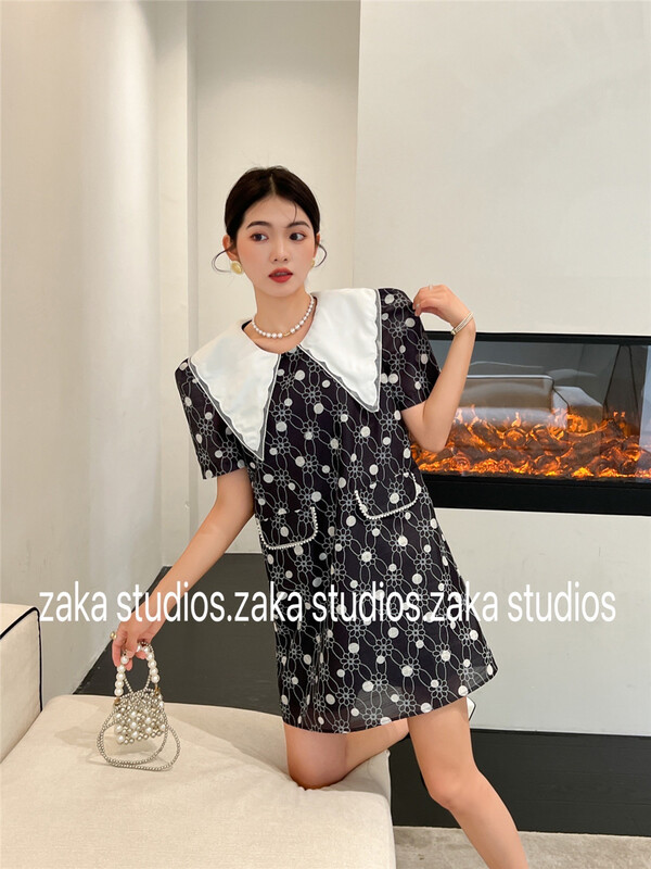 [Zaka] bubble sleeve color matching lady dress 58363\ll