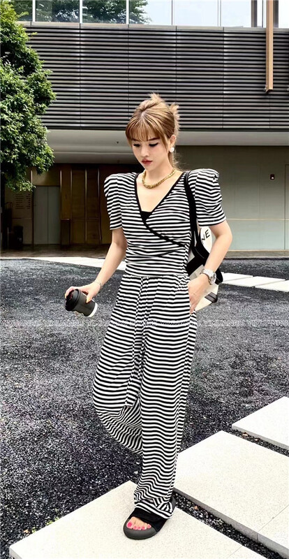 [little woman] bubble sleeve stripe Top + comfortable casual pants suit 22223\pcz