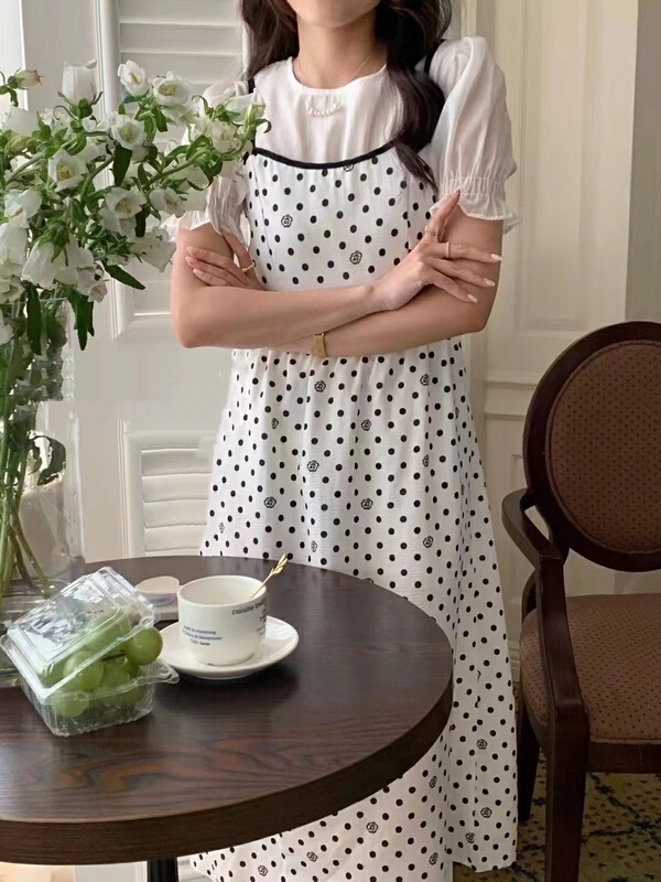 [JH] net Red Lantern Sleeve Short Sleeve Top + dot suspender Dress Set (only selling sets) 41960\pcz