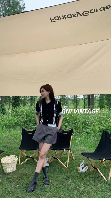 [onivinage oni] simple casual polo collar contrast short sleeve knit cardigan oh224n5527