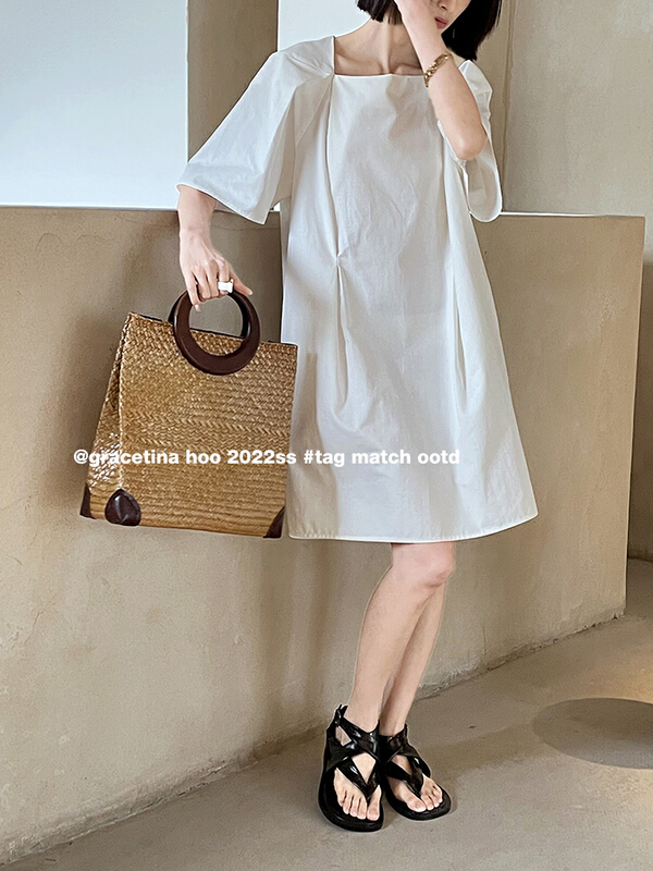[gracetina Hoo] shoulder structure pleated short sleeve dress ly5201\zxl
