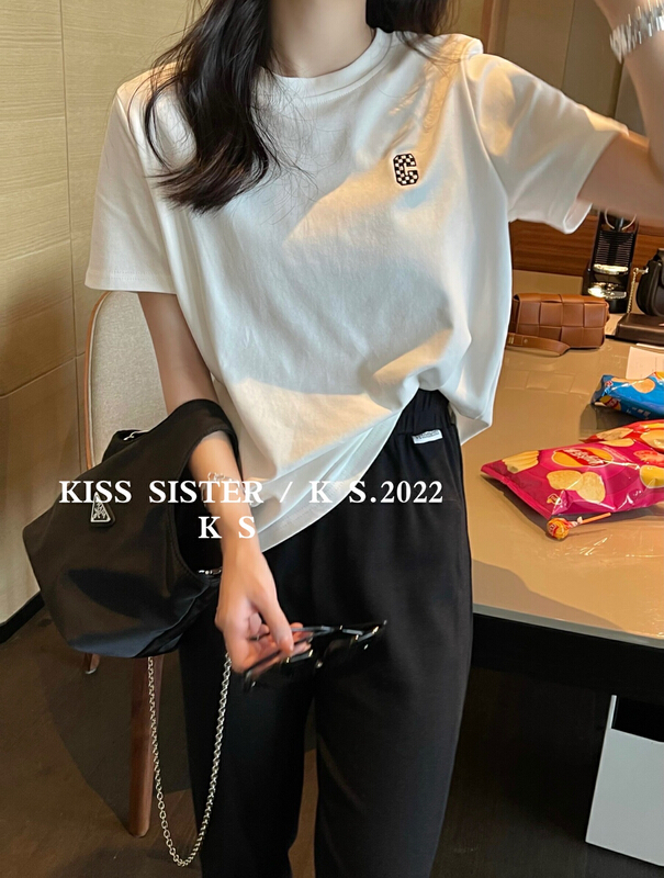 Original price 55.67! A new year in early spring! [kiss sister] comfortable letter embroidered checkerboard short sleeve T-shirt 9066\ozq