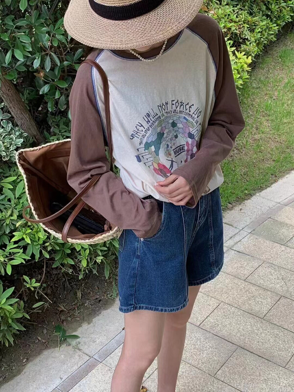 [xiaokoujia] round neck loose cartoon contrast color stitched sunscreen shirt 80670\wtt