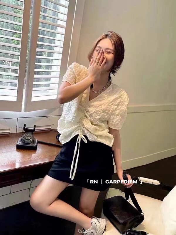 [R n] Korean V-neck loose and versatile sweet bubble sleeve shirt 81292\ll