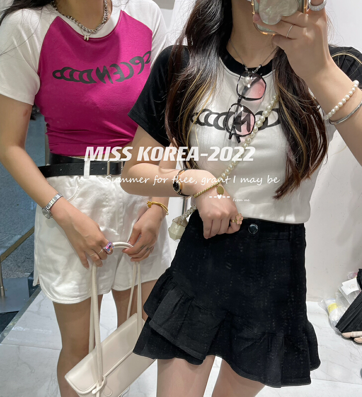[Miss Korea] letter print color block short sleeve T-shirt (T-shirt only) 6846\hbx
