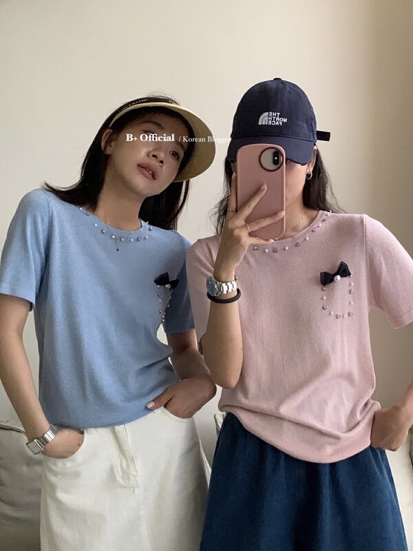 [B plus] bowknot small fresh short sleeve sweater (bowknot can not be removed) 22-9252-2\hbx