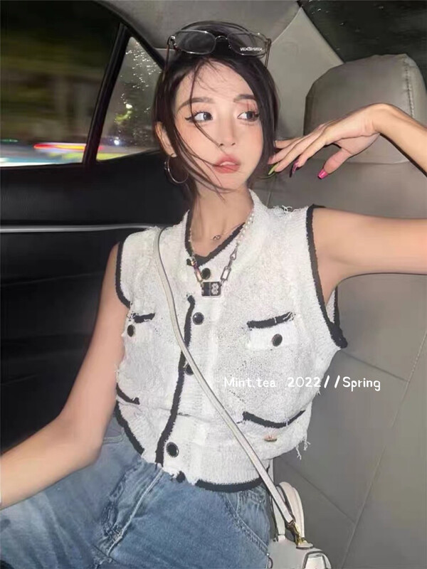 [mint tea] breasted round neck sleeveless vest shirt 22126\zjy