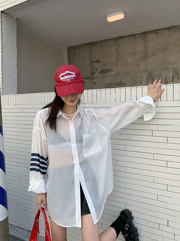 [rainbow] Korean loose cross bar color contrast sunscreen shirt 28699\wtt