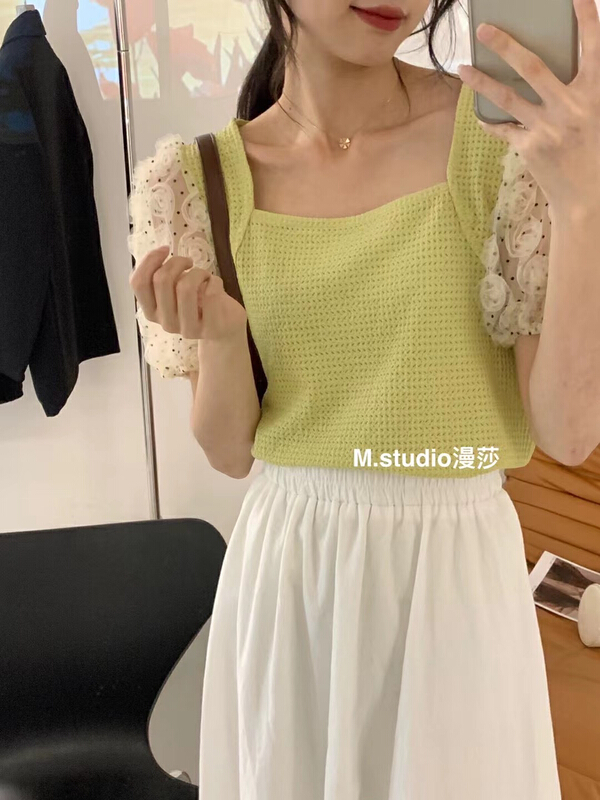 [MSTUDIO MANSA] three dimensional small flowered sleeve Square Neck Shirt y6731\ll