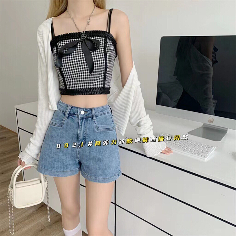 【 1000 】 high waist elastic versatile leg length A-line denim shorts 8021\lsw