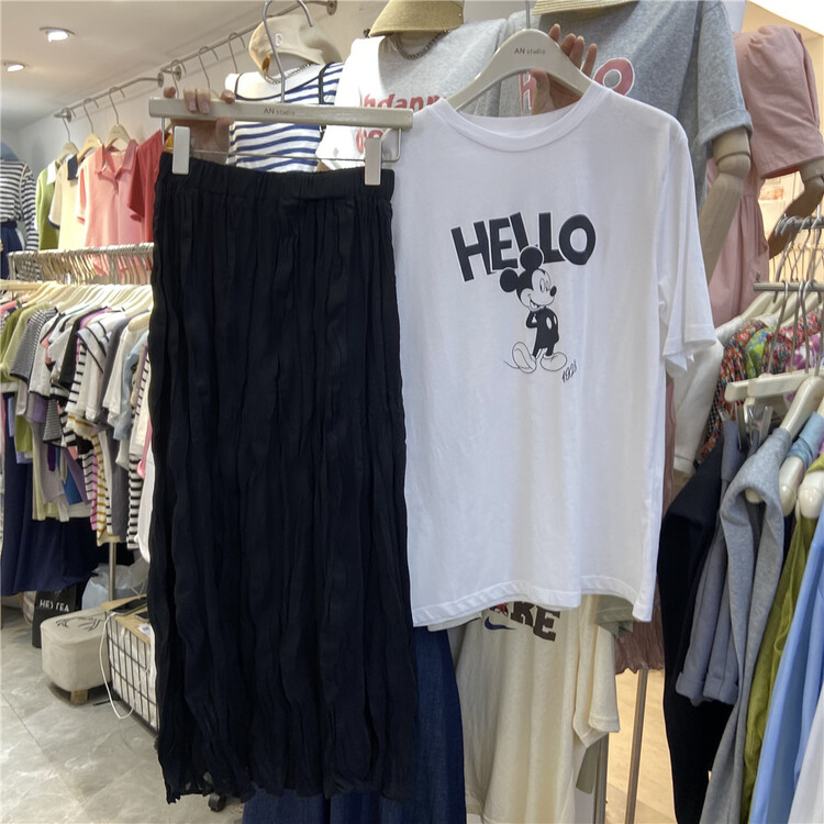 [an studio] pattern round neck short sleeve T-shirt + lady skirt set ys1-6609\l
