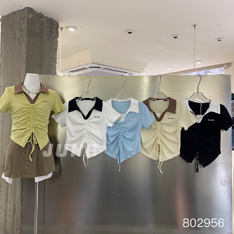 [June] drawstring contrast collar thin short sleeve T-shirt 802956\xyy