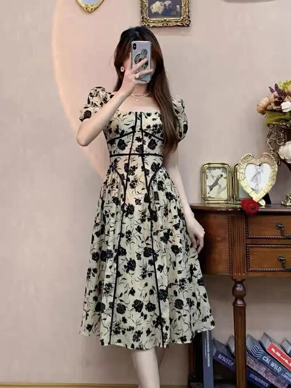 [Huaxi] French retro floral waist dress 9157\pcz