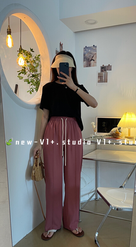 [vi+] comfortable drawstring versatile wide leg casual pants 2669\lsw